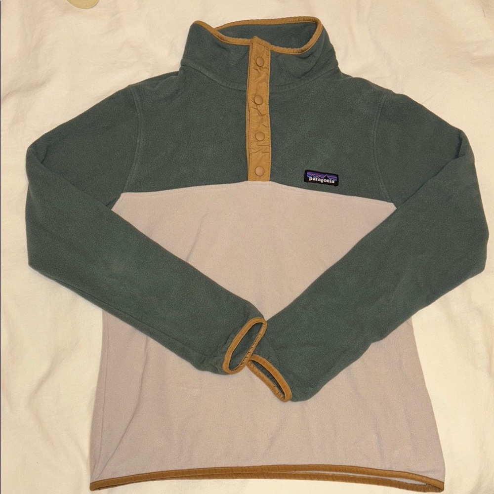 Patagonia lightweight synchilla pullover, green, beige, brown, Small